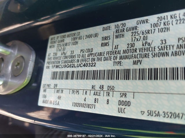 Ford ESCAPE SE 2020 1FMCU9G62LUC40322 Image 9