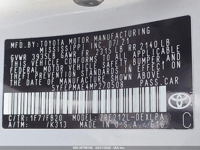 Toyota COROLLA LE 2021 5YFEPMAE4MP270508 Image 9