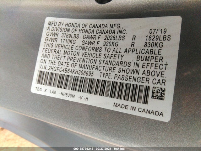 Honda Civic Lx 2019 2HGFC4B64KH308895 Image 9