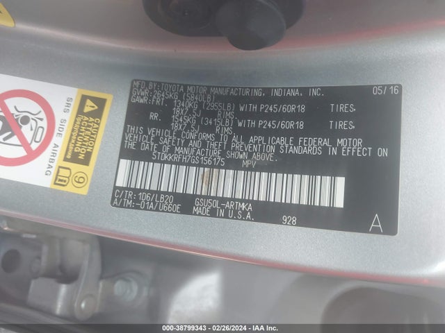 Toyota Highlander Xle V6 2016 5TDKKRFH7GS156175 Image 9