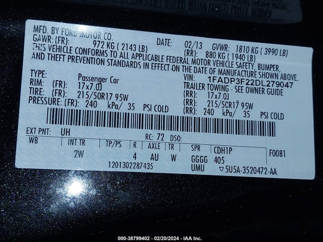 2013 FORD FOCUS SE VIN: 1FADP3F22DL279047