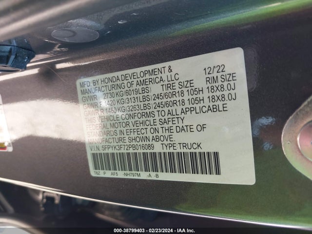 Honda Ridgeline Rtl-e 2023 5FPYK3F72PB016089 Image 9