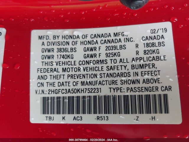 Honda CIVIC SI 2019 2HGFC3A50KH752231 Image 9