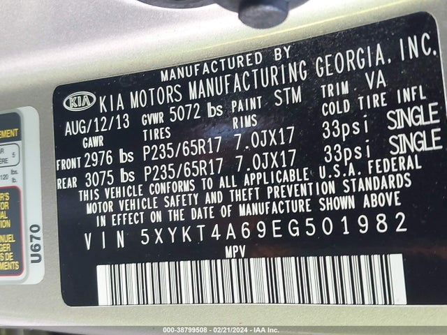 KIA SORENTO LX 2014 5XYKT4A69EG501982 Image 9