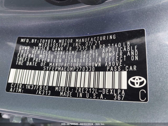 Toyota COROLLA LE 2021 5YFEPMAE0MP270330 Image 9