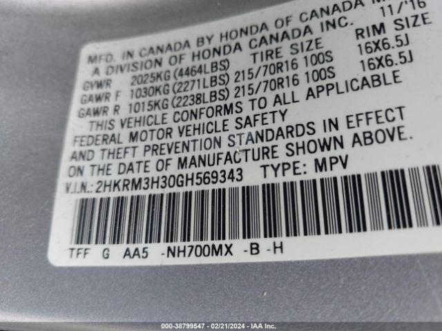 2HKRM3H30GH569343 Honda CR-V LX