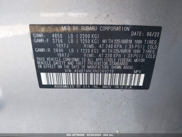 Subaru Outback Limited 2022 4S4BTANC6N3260218 Image 9