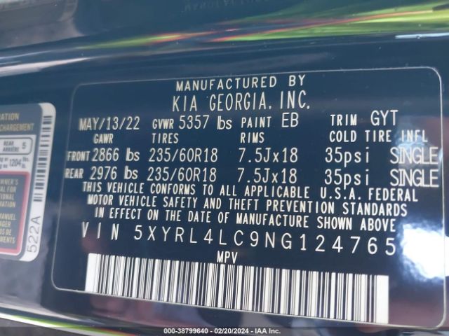 5XYRL4LC9NG124765 KIA SORENTO S