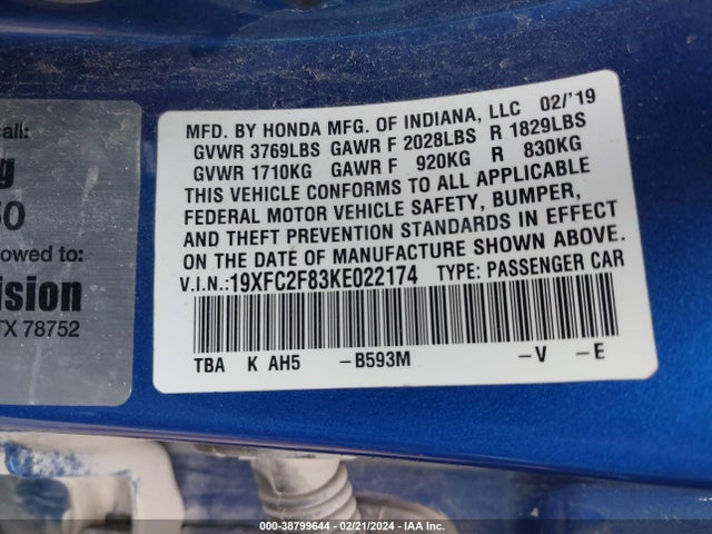 Honda Civic Sport 2019 19XFC2F83KE022174 Image 9