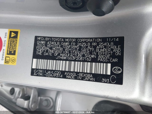 Lexus ES 300H 2015 JTHBW1GG3F2087162 Image 9