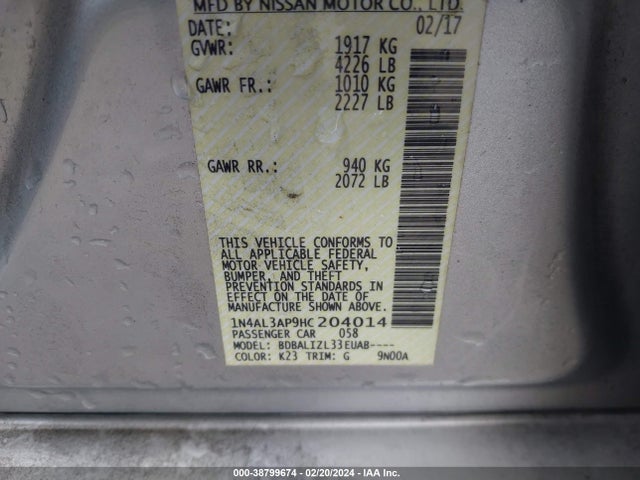 Nissan Altima 2.5 Sv 2017 1N4AL3AP9HC204014 Image 9