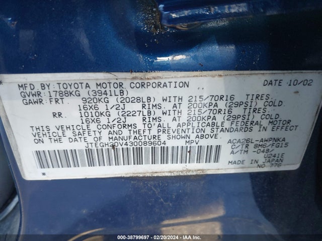 2003 TOYOTA RAV4 VIN: JTEGH20V430089604