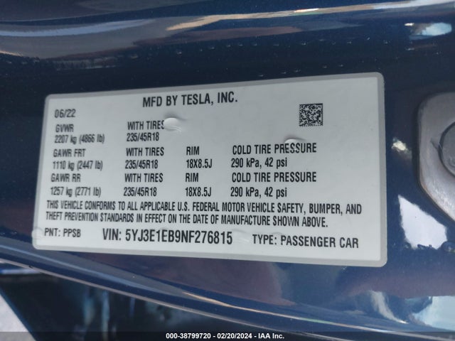 5YJ3E1EB9NF276815 Tesla Model 3 Long Range Dual Motor All-wheel Drive