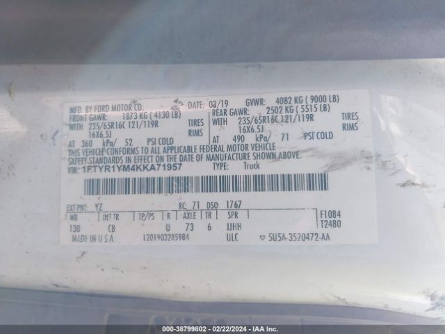 2019 FORD TRANSIT VAN 1FTYR1YM4KKA71957 Photo 8