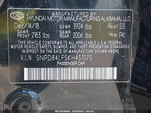 2019 HYUNDAI ELANTRA VALUE EDITION VIN: 5NPD84LF5KH451075