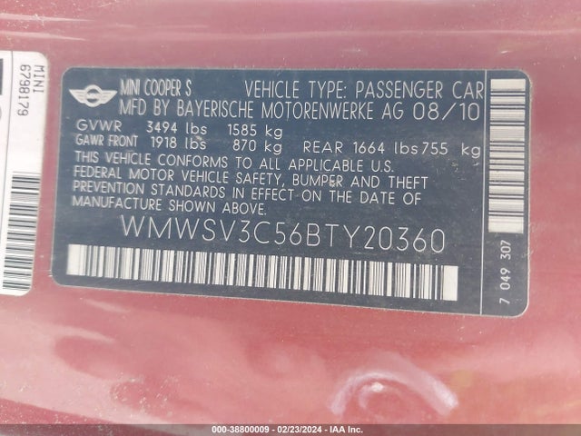 2011 MINI COOPER S WMWSV3C56BTY20360 Photo 8