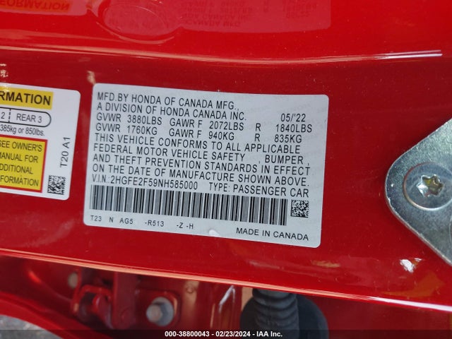 Honda Civic Sport 2022 2HGFE2F59NH585000 Image 9
