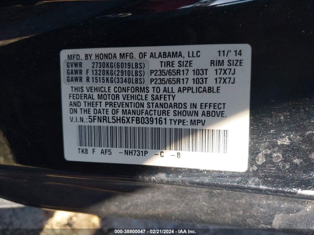 Honda Odyssey Ex-l 2015 5FNRL5H6XFB039161 Image 9