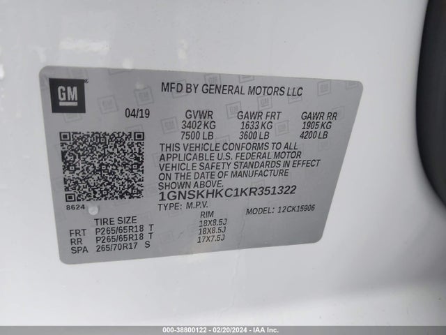 Chevrolet Suburban Lt 2019 1GNSKHKC1KR351322 Image 9