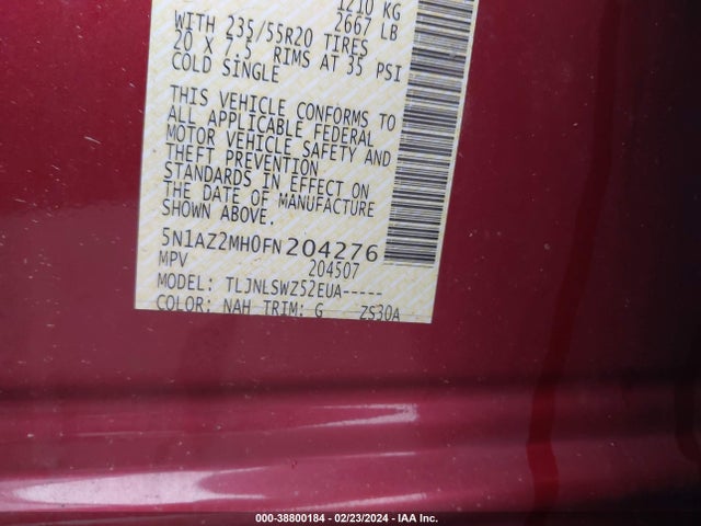 2015 NISSAN MURANO PLATINUM VIN: 5N1AZ2MH0FN204276