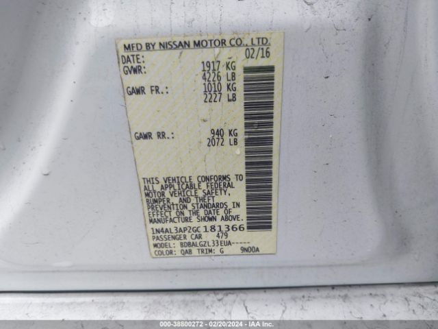 1N4AL3AP2GC181366 Nissan Altima 2.5/2.5 S/2.5 Sl/2.5 Sr/2.5 Sv