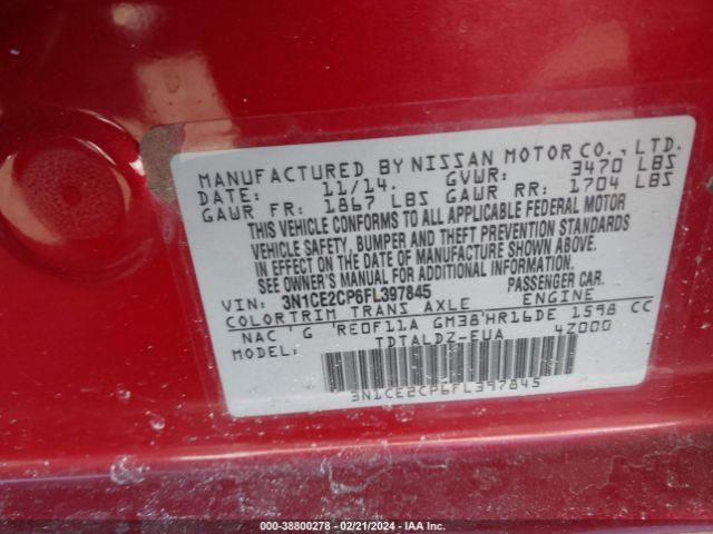 3N1CE2CP6FL397845 Nissan Versa Note Sv