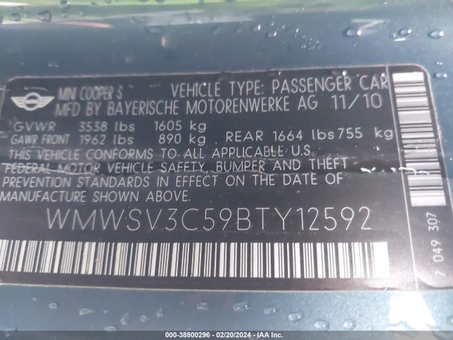 2011 MINI COOPER S WMWSV3C59BTY12592 Photo 8