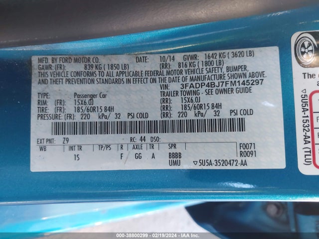 2015 FORD FIESTA SE VIN: 3FADP4BJ7FM145297
