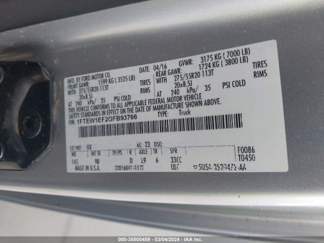 1FTEW1EF2GFB93766 Ford F-150 Platinum
