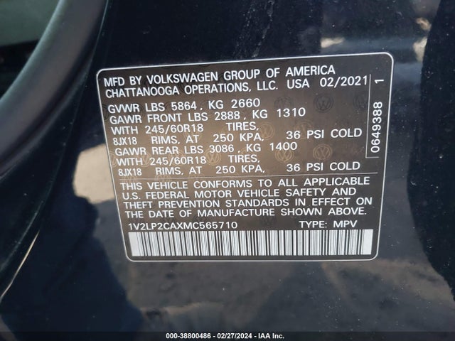1V2LP2CAXMC565710 Volkswagen Atlas 2.0t Se