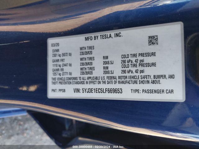 5YJ3E1EC5LF669653 Tesla Model 3 Performance Dual Motor All-wheel Drive
