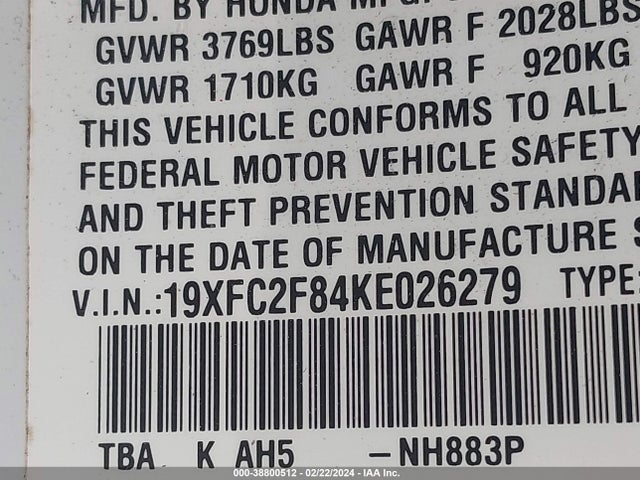 Honda Civic Sport 2019 19XFC2F84KE026279 Image 9