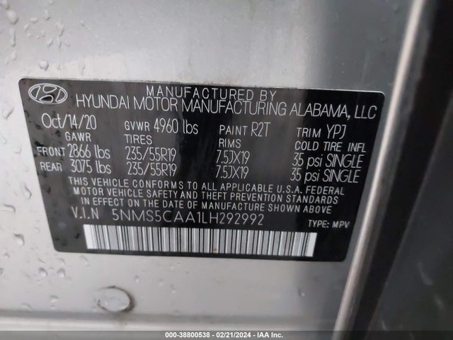 Hyundai Santa Fe Limited 2.0t 2020 5NMS5CAA1LH292992 Image 9