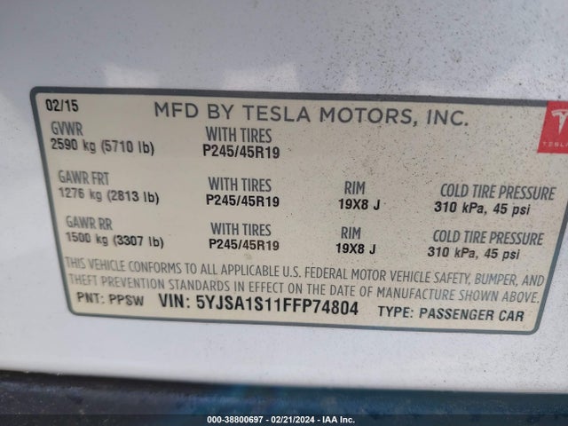 Tesla Model S 60/70/85 2015 5YJSA1S11FFP74804 Image 9