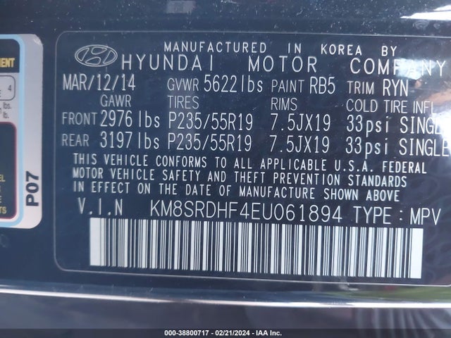 Hyundai Santa Fe Limited 2014 KM8SRDHF4EU061894 Image 9