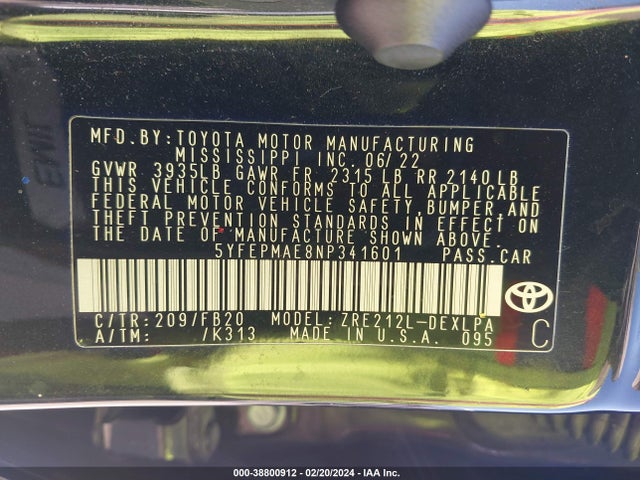 2022 TOYOTA COROLLA LE VIN: 5YFEPMAE8NP341601