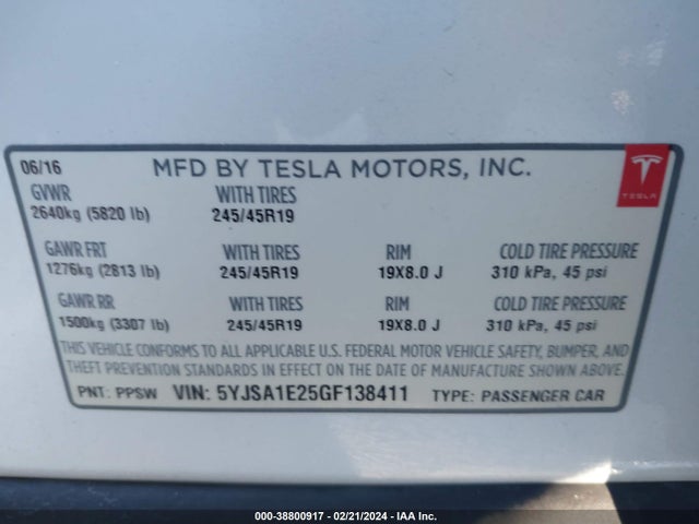 2016 TESLA MODEL S 5YJSA1E25GF138411 Photo 8