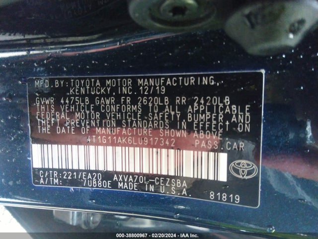 Toyota CAMRY SE 2020 4T1G11AK6LU917342 Image 9