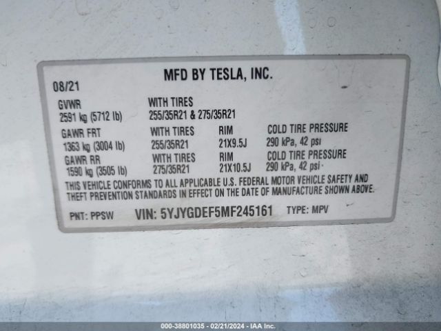 2021 TESLA MODEL Y 5YJYGDEF5MF245161 Photo 8