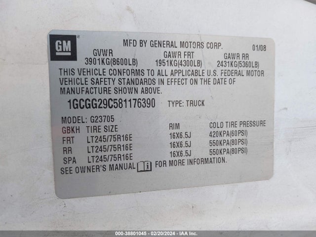 2008 CHEVROLET EXPRESS WORK VAN VIN: 1GCGG29C581176390