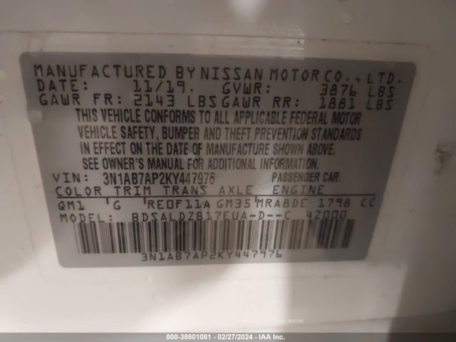 Nissan SENTRA SV 2019 3N1AB7AP2KY447976 Image 9