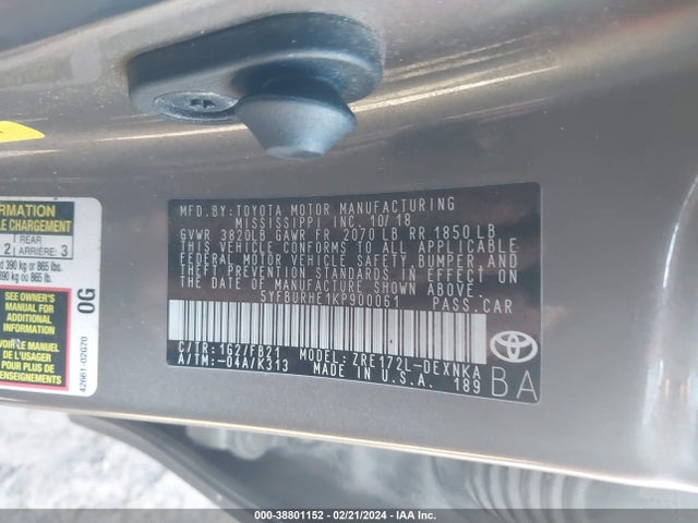 Toyota COROLLA LE 2019 5YFBURHE1KP900061 Image 9