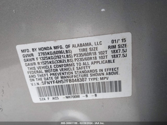 Honda Pilot Ex-l 2015 5FNYF4H57FB048307 Image 9