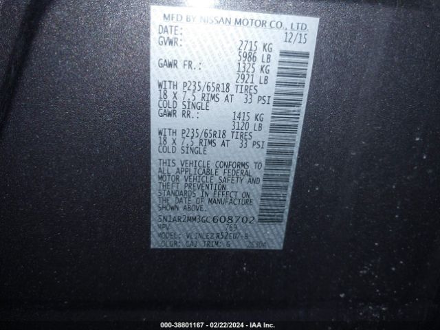 5N1AR2MM3GC608702 Nissan Pathfinder Sv