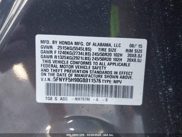 Honda Pilot Touring 2016 5FNYF5H90GB011576 Image 9