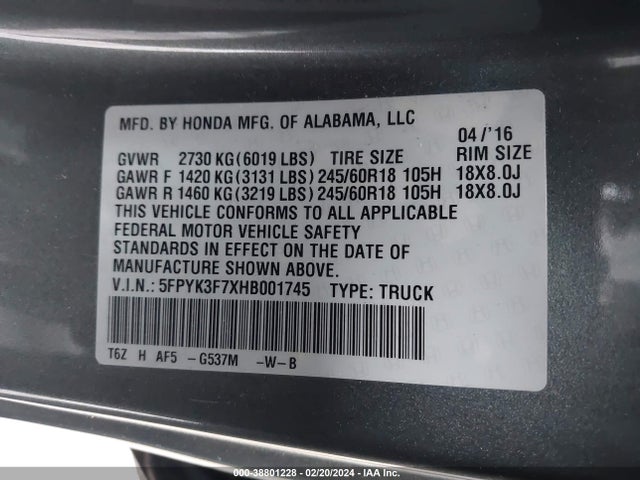 Honda Ridgeline Rtl-e 2017 5FPYK3F7XHB001745 Image 9