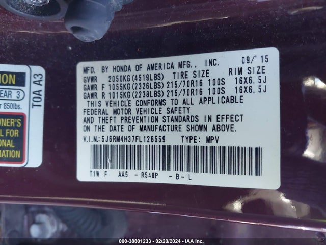 Honda CR-V LX 2015 5J6RM4H37FL128559 Image 9