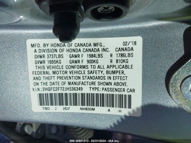 Honda CIVIC EX 2018 2HGFC2F72JH536349 Image 9