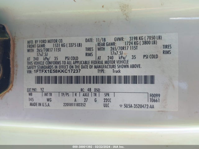 Ford F-150 Xl 2019 1FTFX1E58KKC17237 Image 9