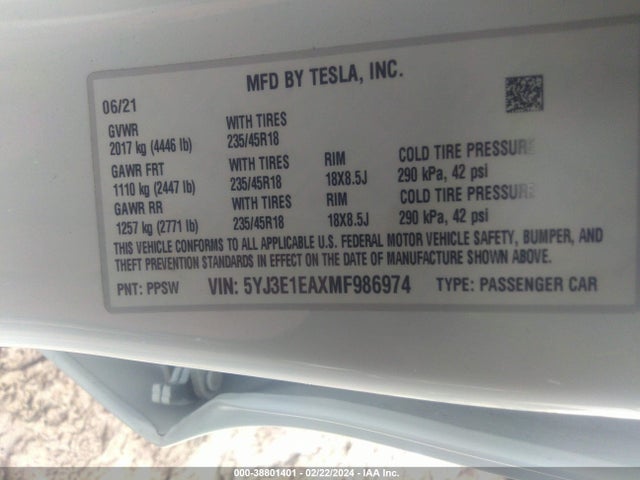 5YJ3E1EAXMF986974 Tesla Model 3 Standard Range Plus Rear-wheel Drive